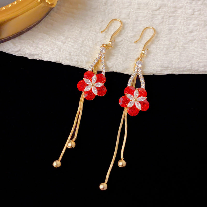 Luxury Micro-Pavé Red Petal Tassel Drop Earrings – French Retro Design