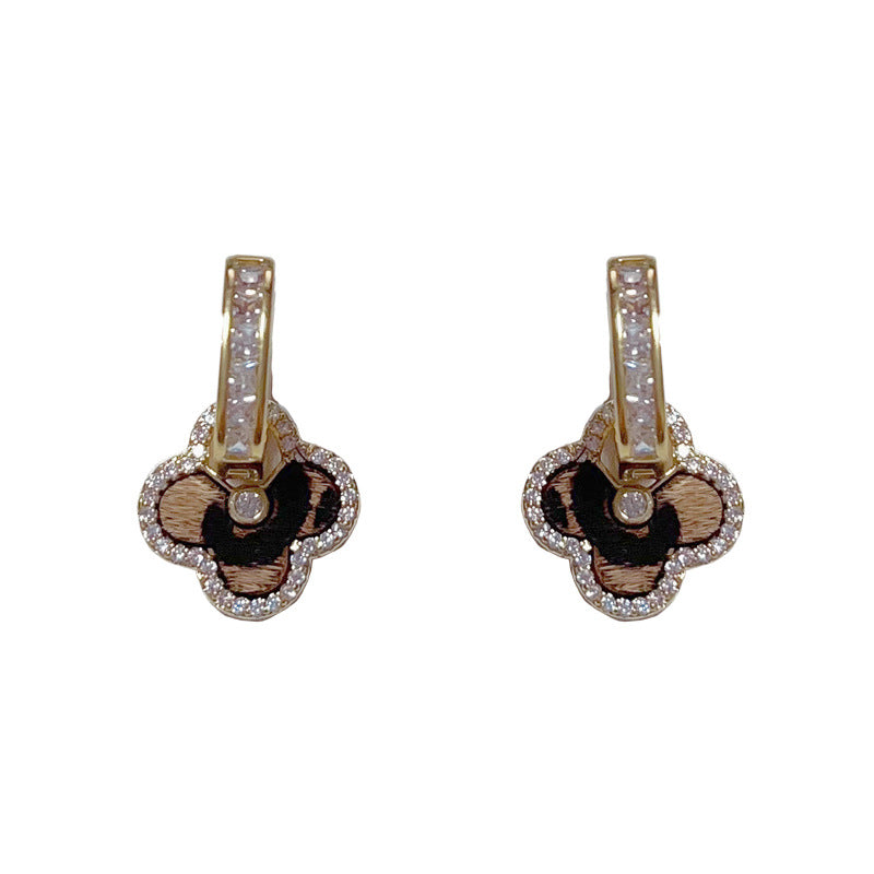 14K Gold-Plated Zircon Leopard 4Leaf Clover Earrings - Elegant & Chic