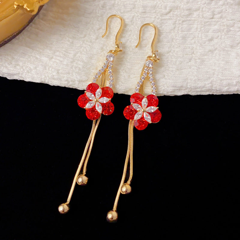Luxury Micro-Pavé Red Petal Tassel Drop Earrings – French Retro Design