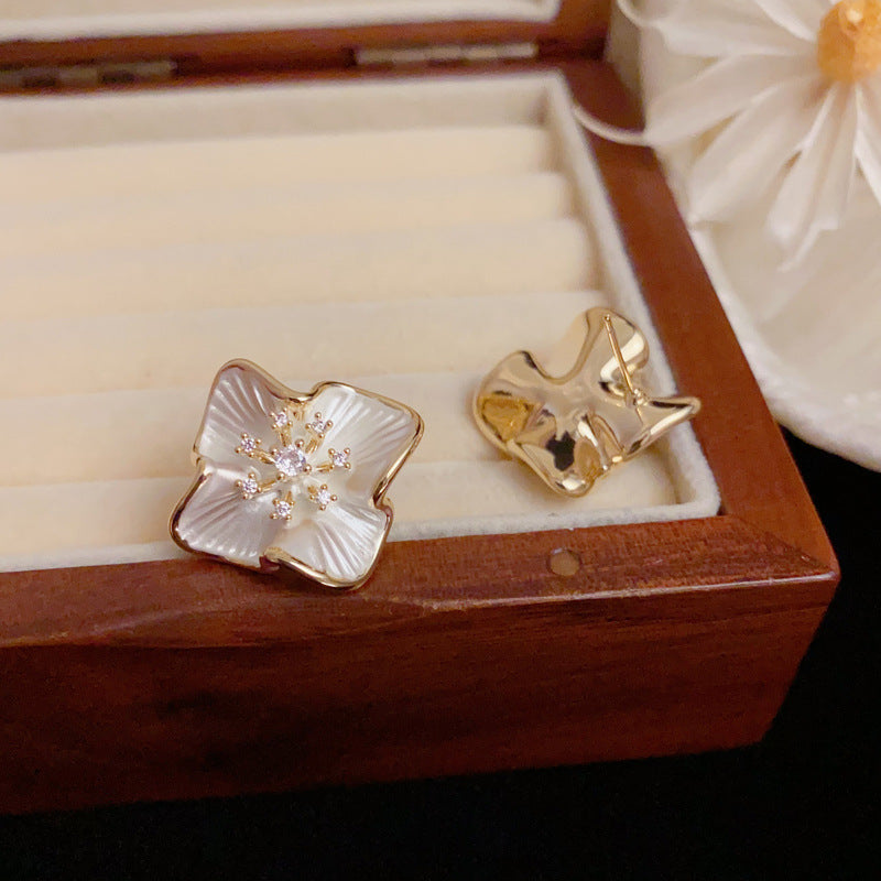 Luxury Zircon Metal Petal Stud Earrings – Floral Design