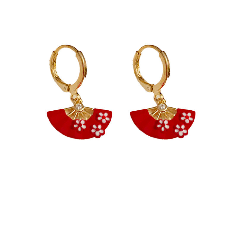 14K Gold-Plated Red Fan Spray Earrings - Chic Japanese Design