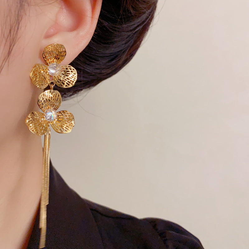 Elegant Hollow Metal Petal Long Tassel Drop Earrings – Floral Design