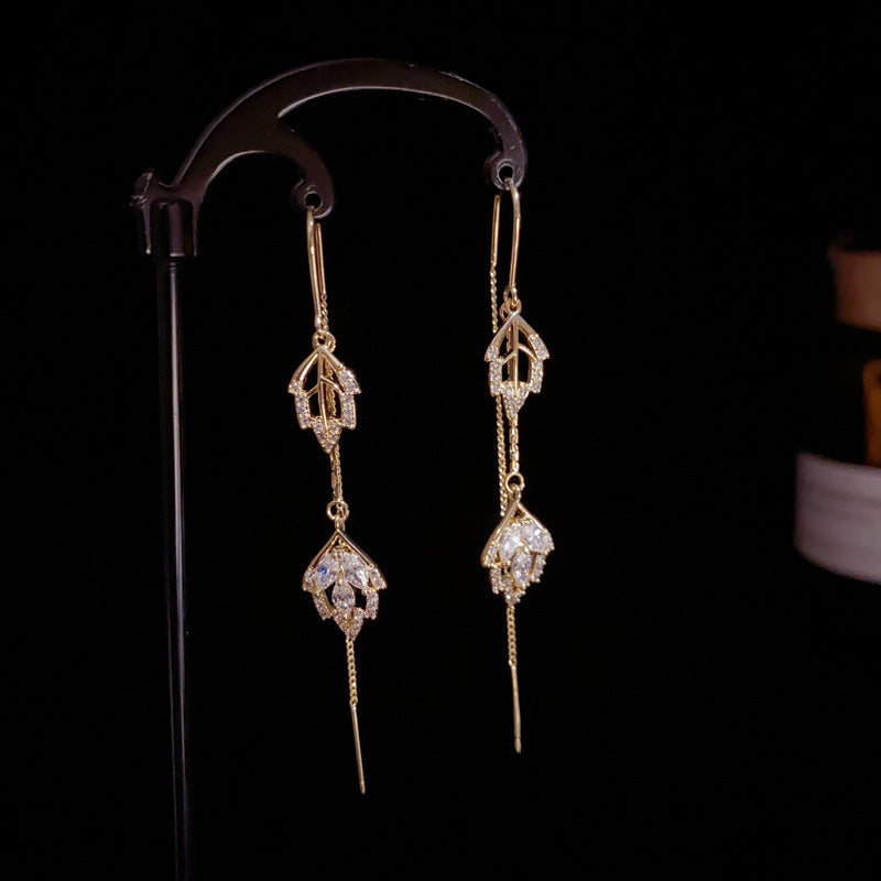 14K Gold-Plated Full Diamond Leaf Tassel Earrings -Elegant Drop Design