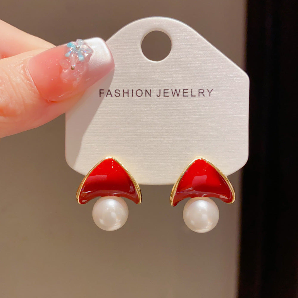 Eaioncol Red Triangle Pearl Earrings 14K Gold Plated