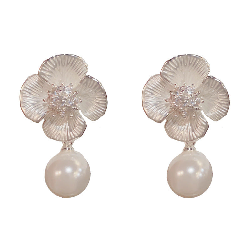 Elegant Pink Flower Pearl Drop Earrings – Petal Design for Women