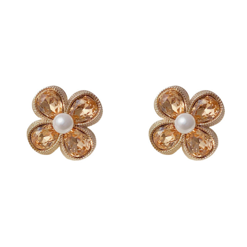 Luxury Coffee Zircon Pearl Petal Stud Earrings – Floral Design