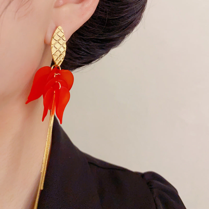 Luxury Red Petal Long Tassel Drop Earrings – French Floral Design