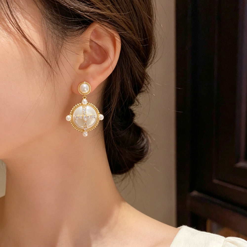 Eaioncol Cross Pearl CZ Drop Earrings Gold