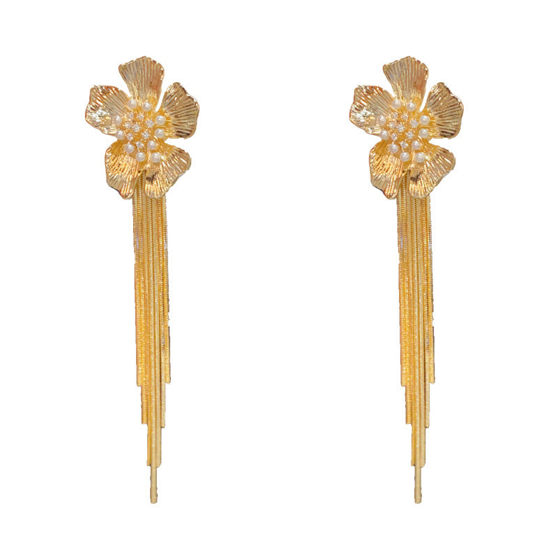 14K Gold-Plated Metal Pearl Petal Long Tassel Earrings-Elegant Design