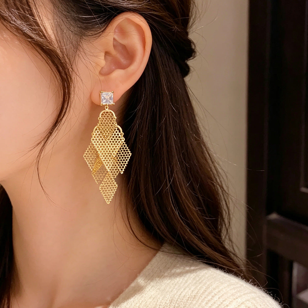Eaioncol Openwork Rhombus Tassel Drop Earrings 14K Gold Plated