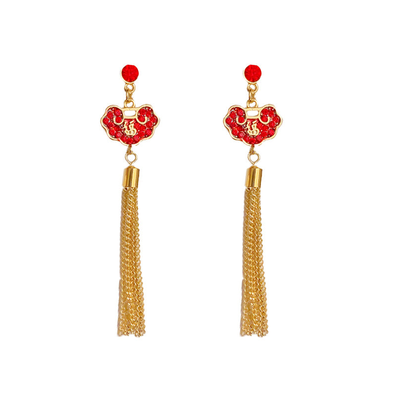 14K Gold-Plated Full Diamond Peace Lock Tassel Earrings -Chinese Style