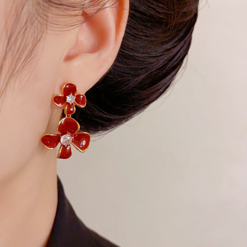 Luxury Enamel Double Petal Tassel Drop Earrings – Floral Design