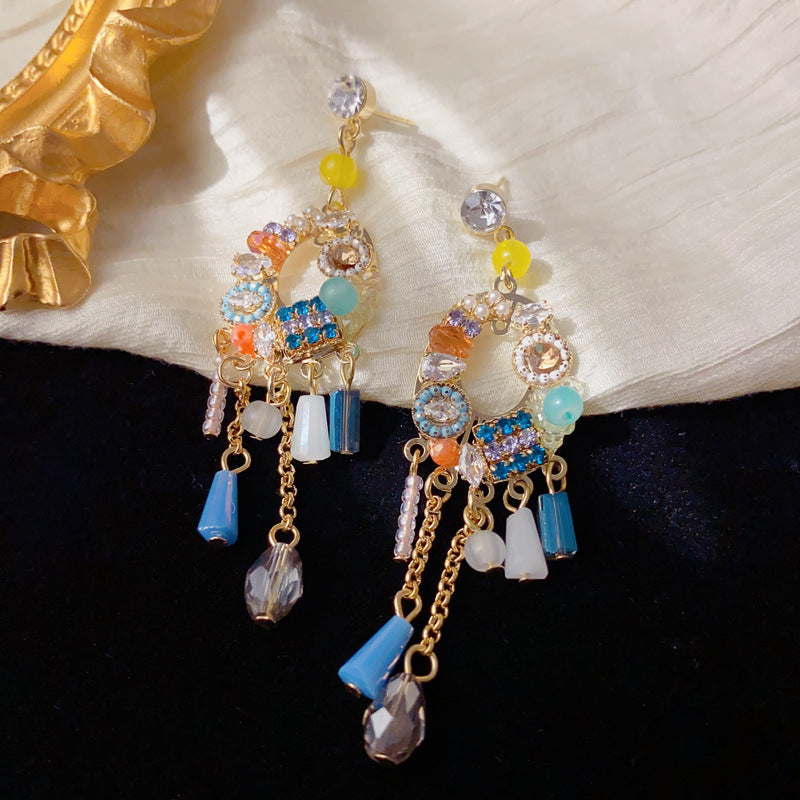 Elegant Beaded Crystal Oval Tassel Earrings – Bohemian Design