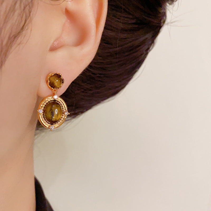 14K Gold-Plated Tiger's Eye Oval Earrings - Minimalist Luxury Design