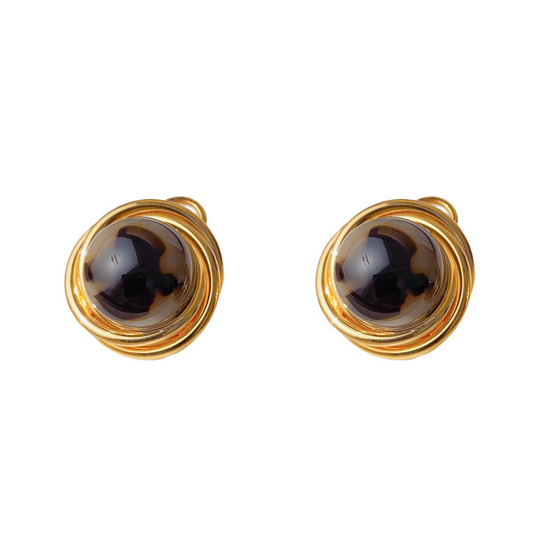 Elegant Tiger's Eye Round Metal Stud Earrings – Geometric Design