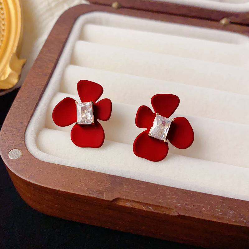 Luxury Red Square Zircon Petal Stud Earrings – Floral Design
