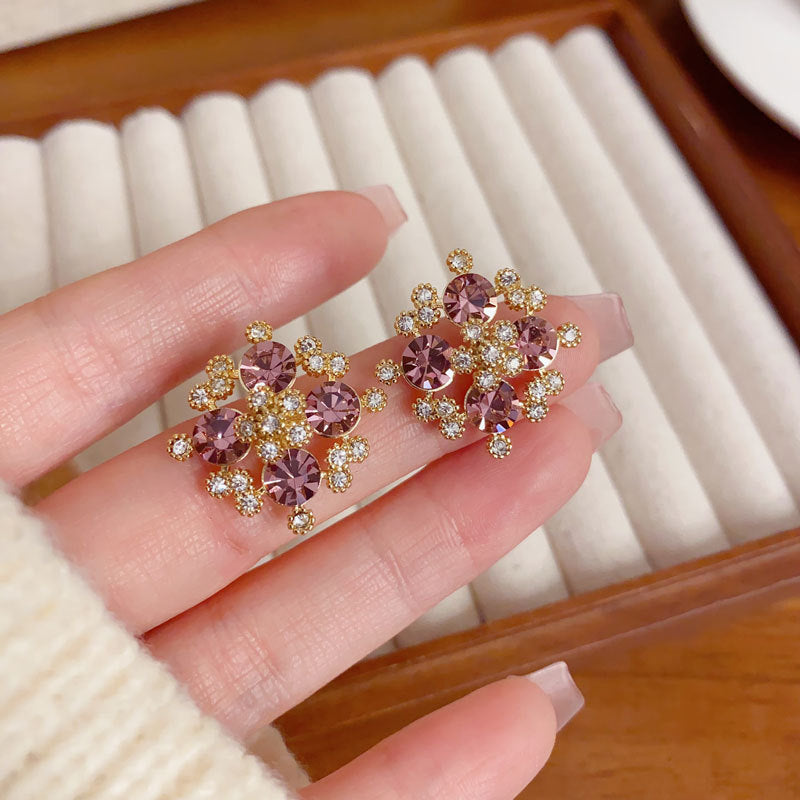 Elegant Full-Zircon Purple Hollow Petal Stud Earrings – Floral Design