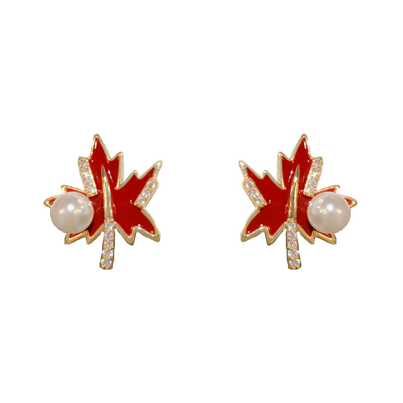 14K Gold-Plated Red Maple Leaf Pearl Stud Earrings - Autumn Elegance