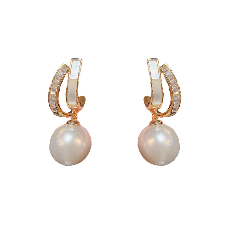 14k Gold Plated Shell Pearl Stud Earrings - Geometric Design