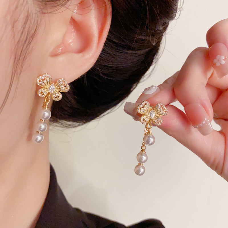 Zircon Butterfly Multi-Wear Pearl Tassel Drop Earrings– Elegant Design
