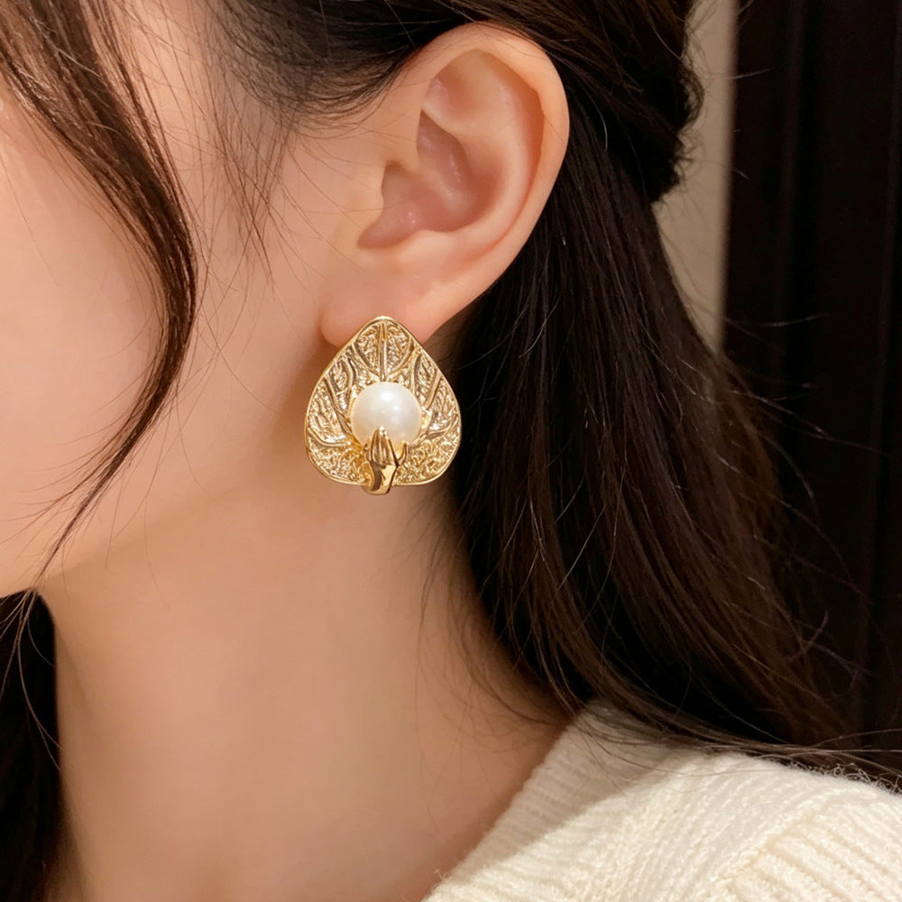 Eaioncol Leaf Pearl Stud Earrings 14K Gold & Silver Plated