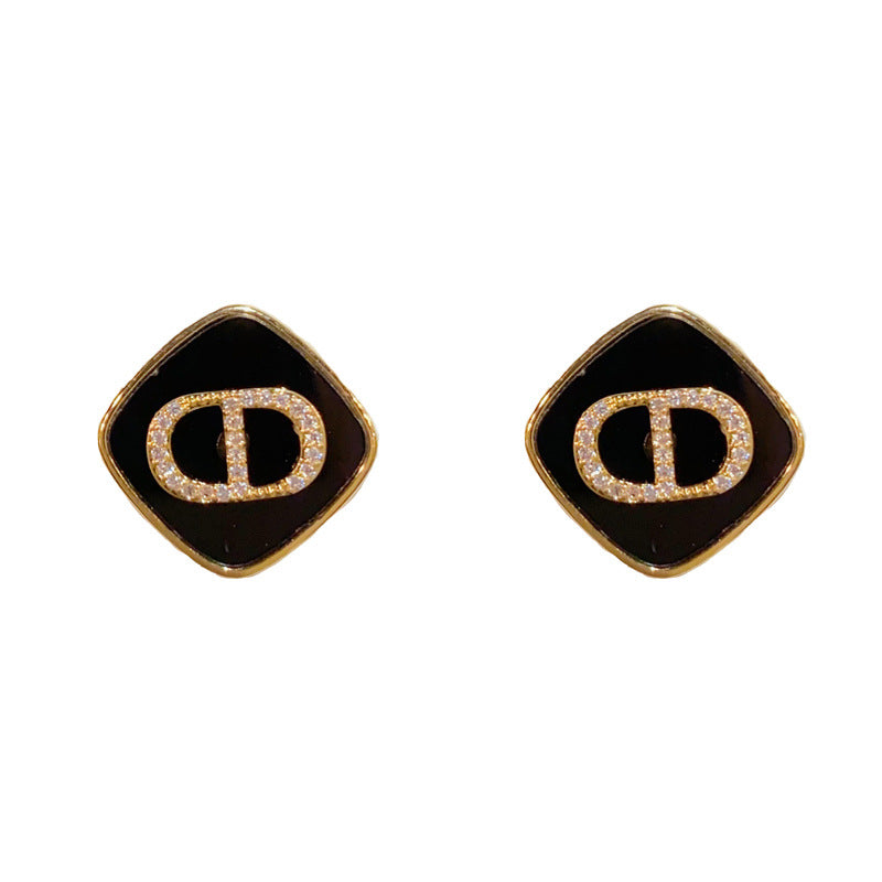 14K Gold-Plated Black D Letter Crystal Earrings-Chic Minimalist Design