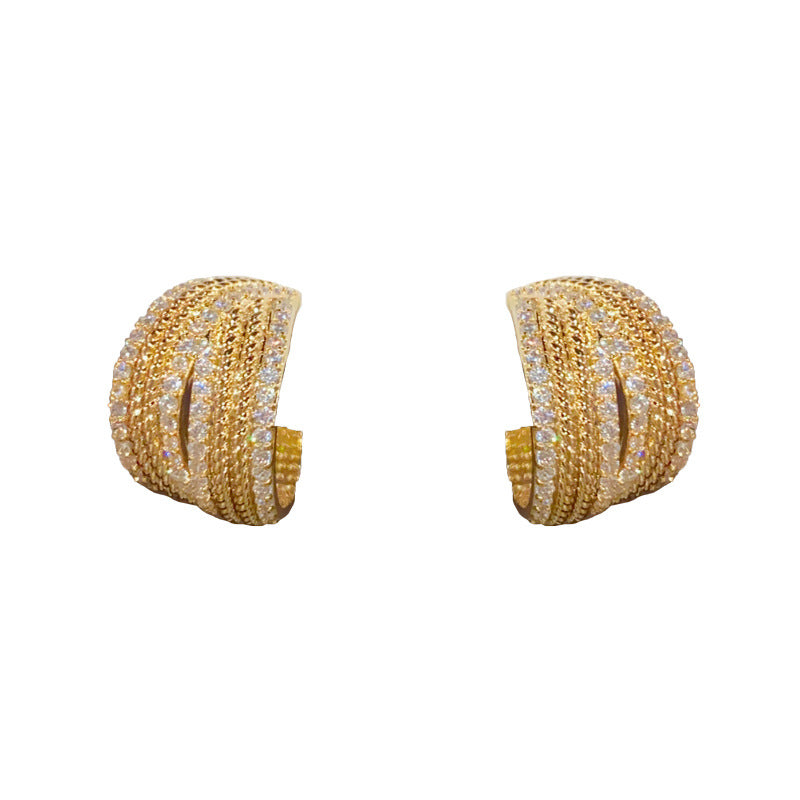 14K Gold-Plated Diamond Geometric C-Shaped Hoop Earrings - Chic Design