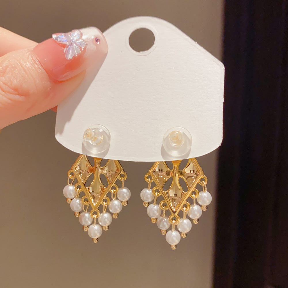 Eaioncol Rhombus Tassel Earrings Gold Pearl Tiger Eye