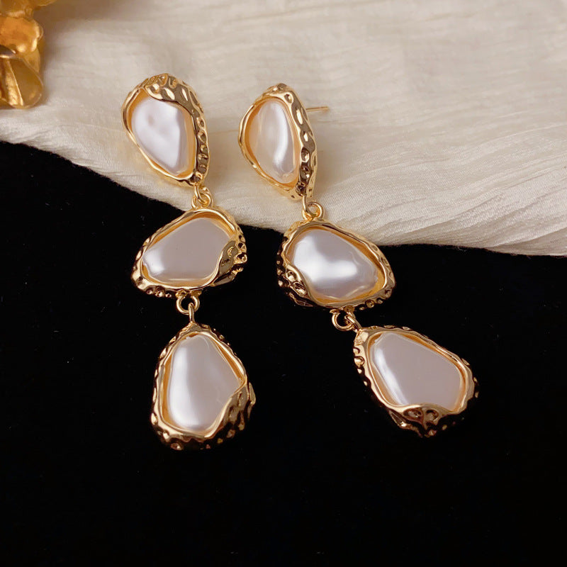 Elegant Irregular Pearl Long Tassel Earrings – Geometric Design