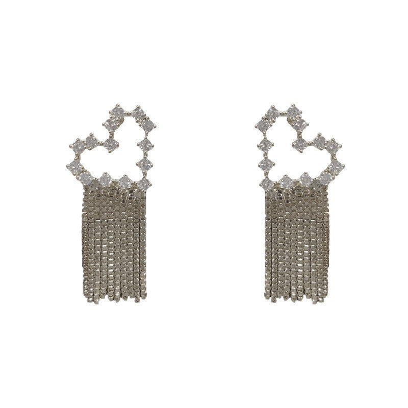 14K Gold-Plated Zircon Heart Tassel Earrings – Elegant Sparkle Design