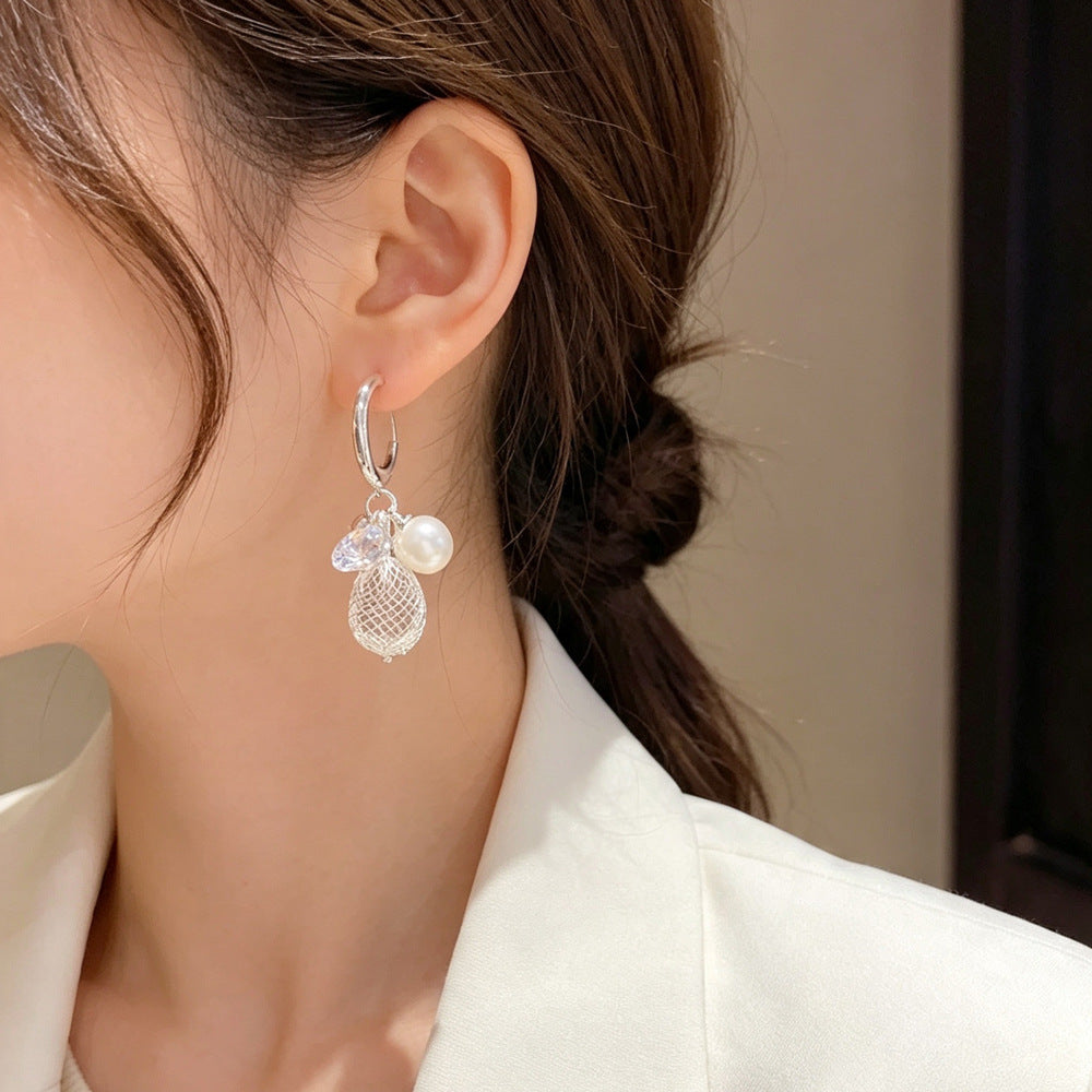 Eaioncol Grid Pearl CZ C Hoop Drop Earrings Gold Silver