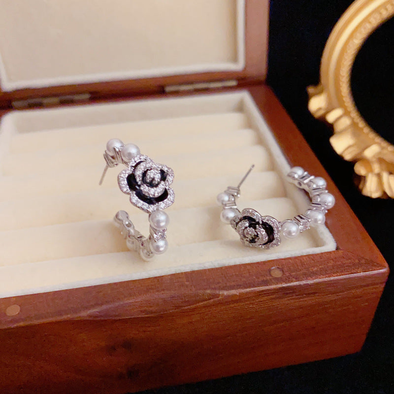Elegant Zircon Camellia & Pearl Hoop Earrings – Floral Design