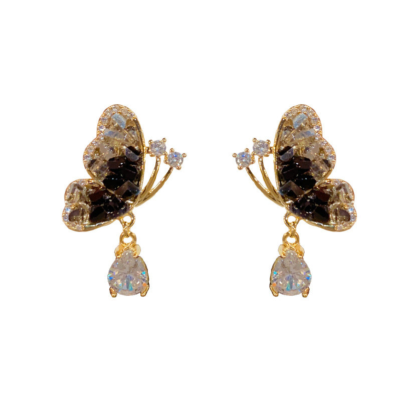 14K Gold-Plated Crystal Butterfly Drop Earrings with Zircon Waterdrop