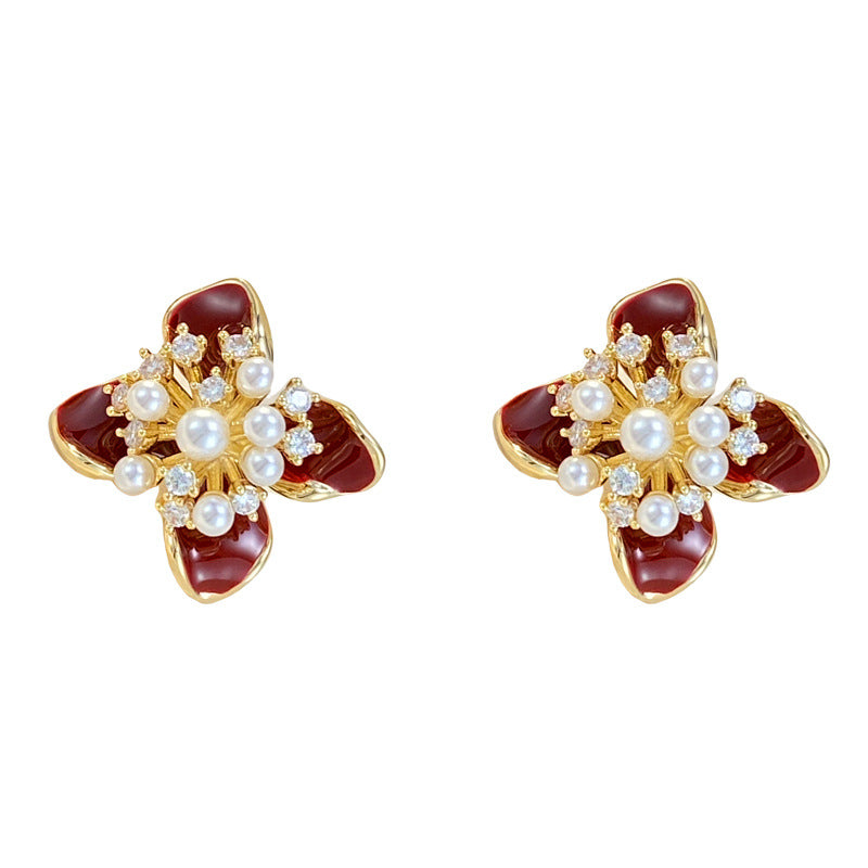 Luxury Zircon Pearl Enamel Petal Stud Earrings – Floral Design