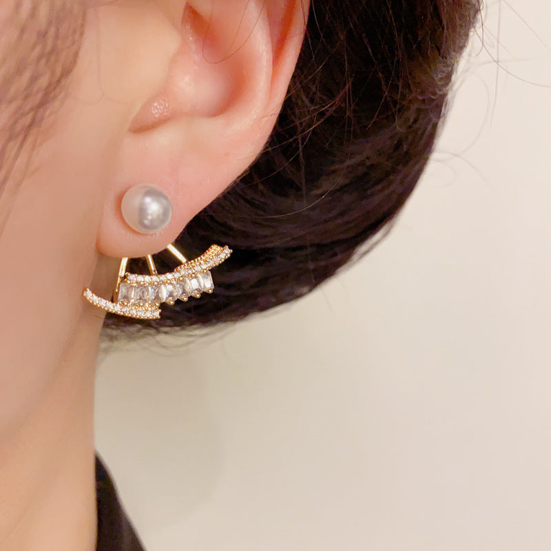 14K Gold Minimalist Pearl Fan-Shaped Front-Back Earrings – Elegant