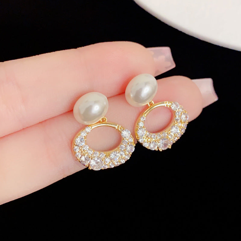 Eaioncol Geometric Pearl CZ Oval Drop Earrings Gold