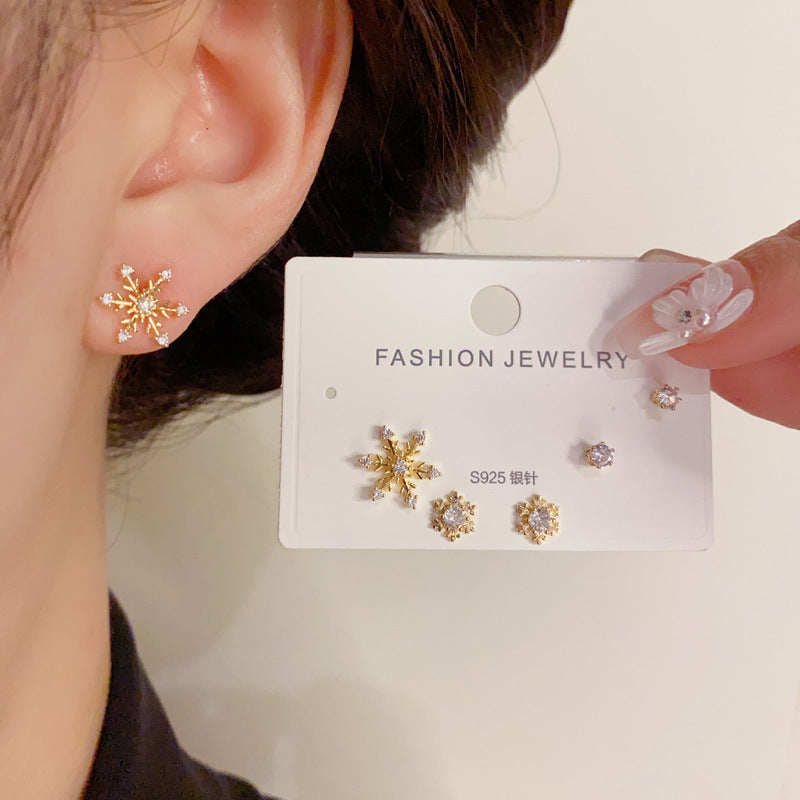 14K Gold-Plated Snowflake 3Pcs Stud Earrings -Elegant&Sparkling Design