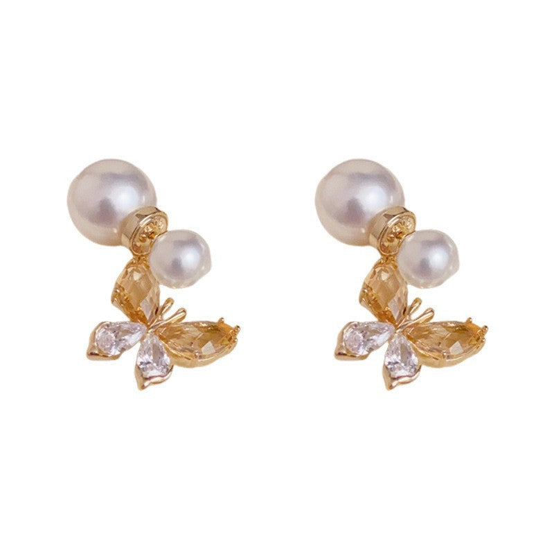Eaioncol Two-Way Pearl Butterfly Drop Earrings Gold
