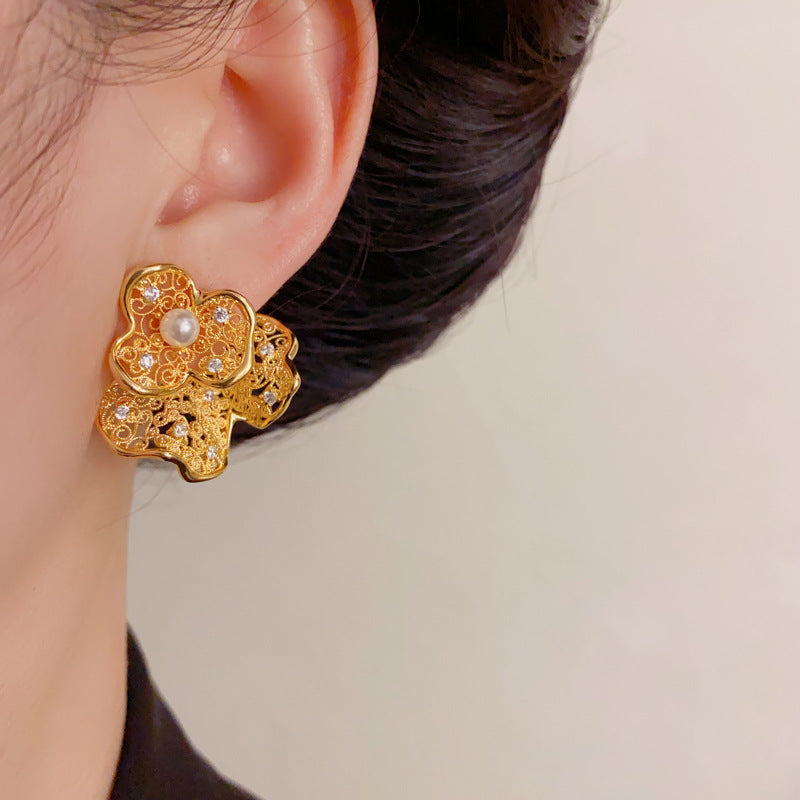 Luxury Hollow Metal Petal Two-Way Stud Earrings – Floral Design