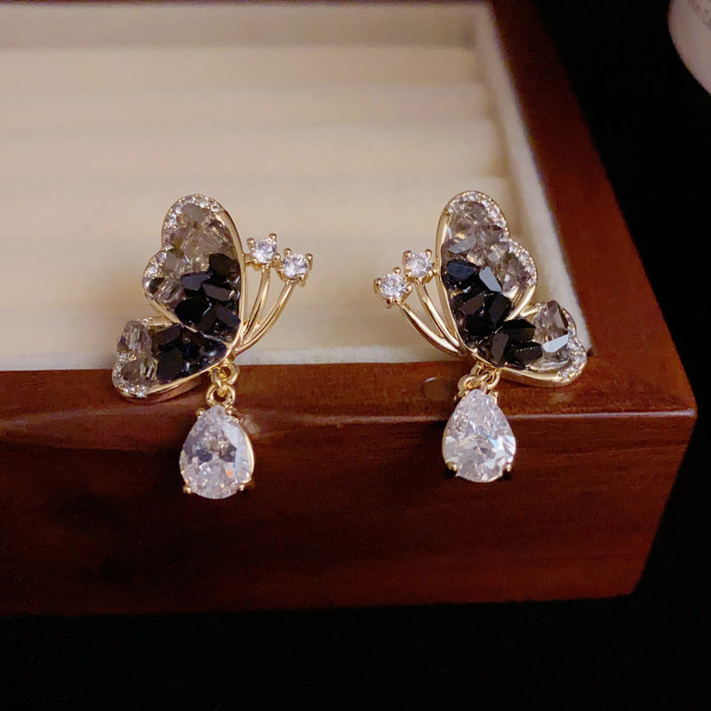 14K Gold-Plated Crystal Butterfly Drop Earrings with Zircon Waterdrop