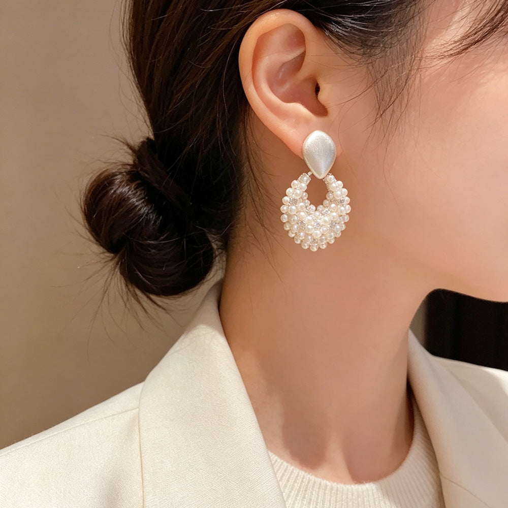 Eaioncol Brushed Rhombus Pearl Drop Earrings Gold Silver