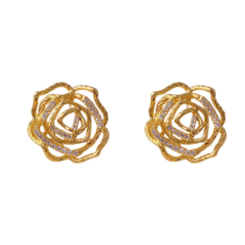 Luxury Zircon Hollow Metal Petal Stud Earrings – Floral Design