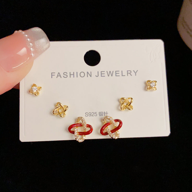 14K Gold-Plated Zircon Red Wrapped 3Piece Set Earrings -Elegant & Chic