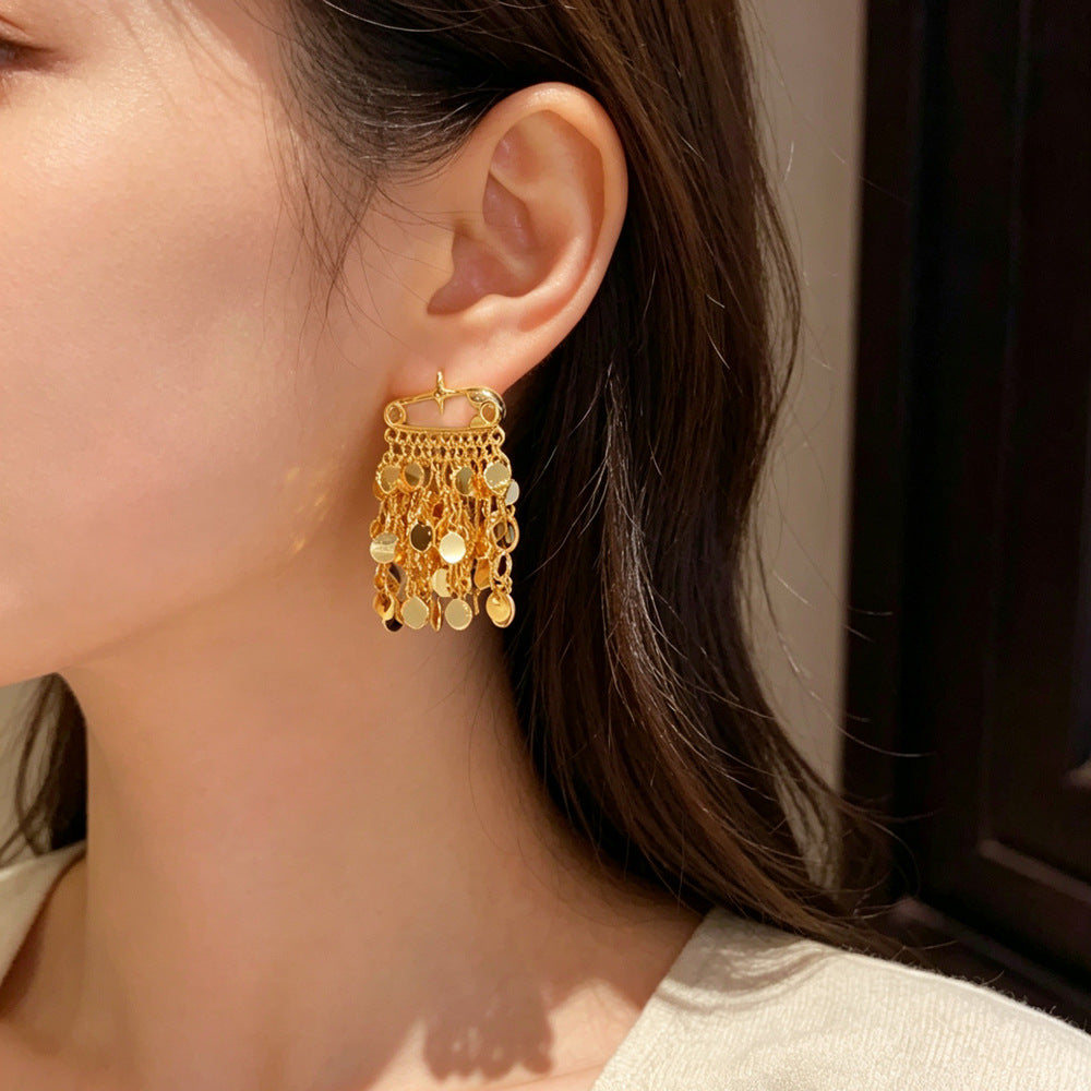 Eaioncol Safety Pin Circle Tassel Drop Earrings Gold Silver