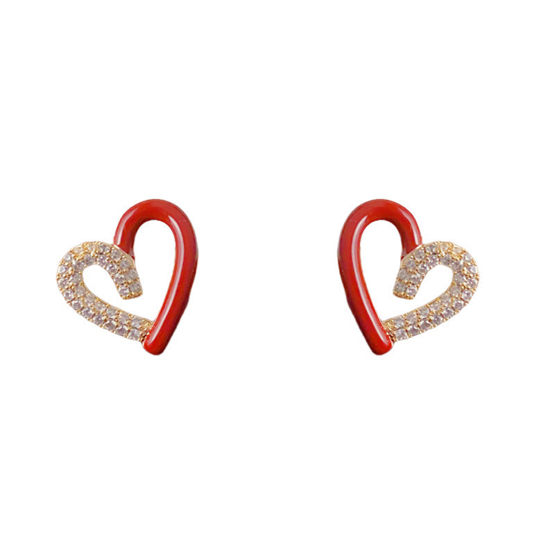 Luxury Zircon Spliced Red Heart Stud Earrings – French Design