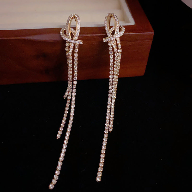 14K Gold-Plated Heart-Shaped Diamond Drop Earrings - Tassel Design