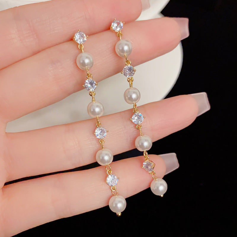 Eaioncol Geometric Long Tassel Pearl CZ Earrings Gold
