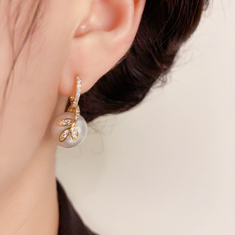 14K Gold-Plated Leaf Pearl Earrings - Chic & Elegant Studs