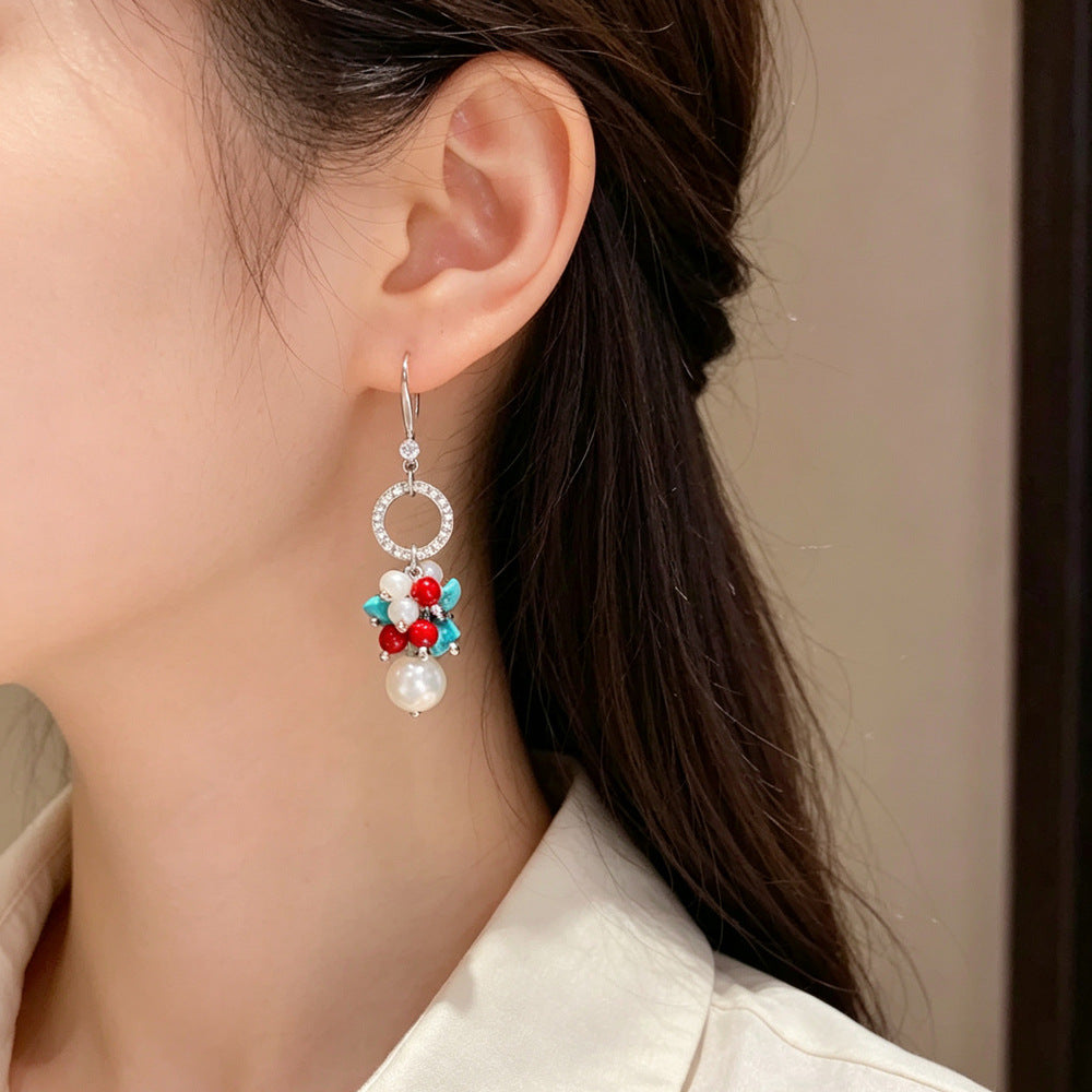 Eaioncol Turquoise Pearl Tassel Ear Hooks Earrings Gold