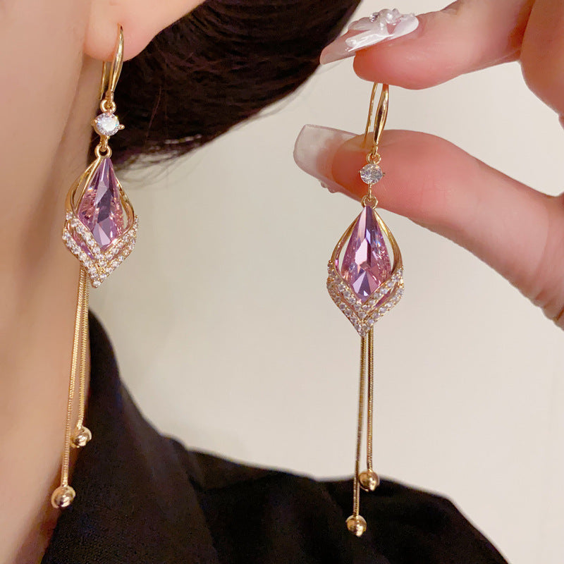 14K Gold-Plated Purple Waterdrop Zircon Tassel Earrings-Elegant Design